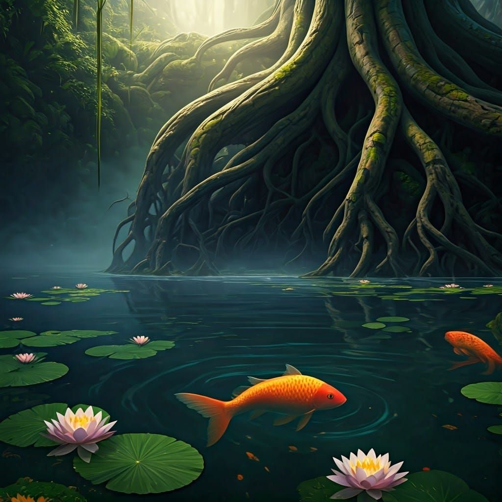 Vibrant Fish in an Emerald Lake Oasis