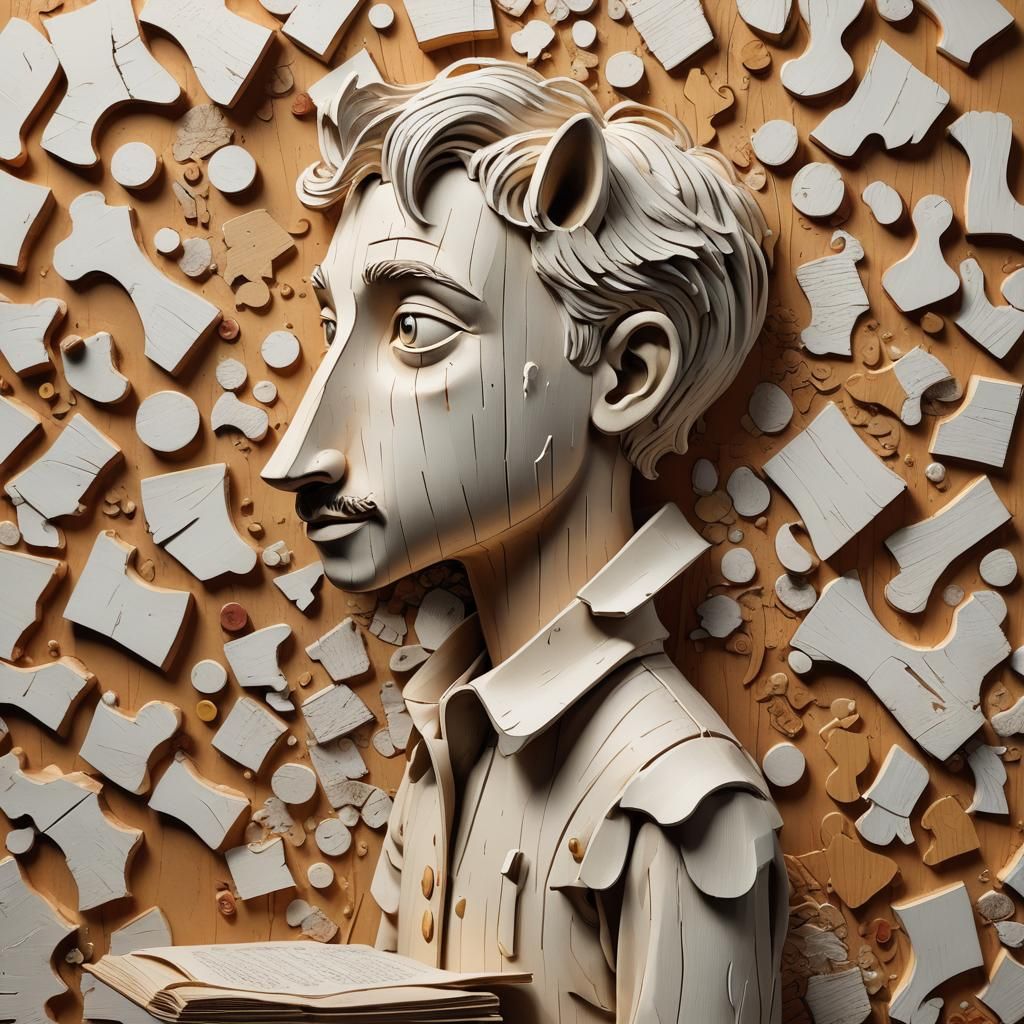 Intricate Wood Sculpture of Child's Head in Mixed Media