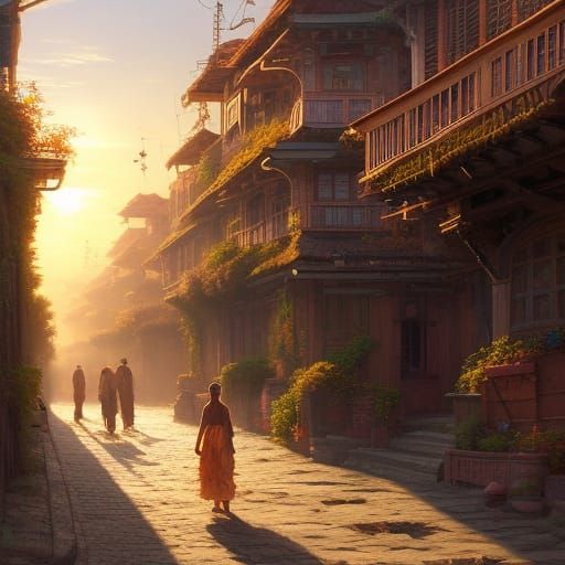 Solarpunk Townscape in Summer Glow: Digital Oil Painting