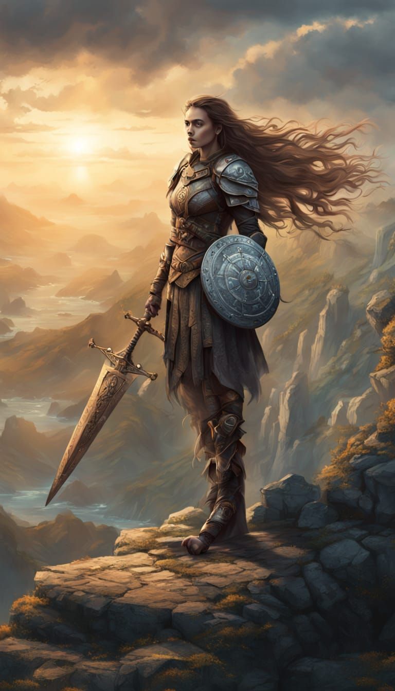 Nordthra Warrior Woman at Sunrise, Fantasy Art