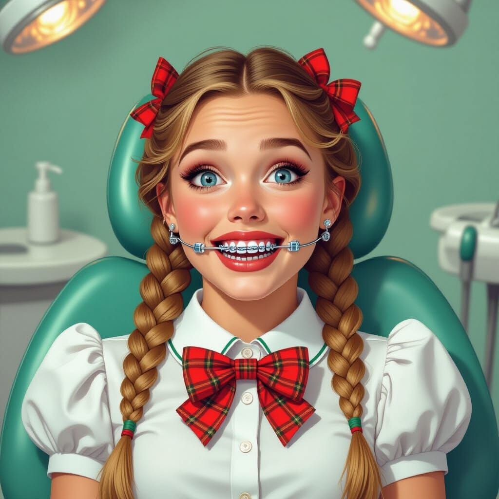 Terrified Woman with Braces in Art Nouveau Style