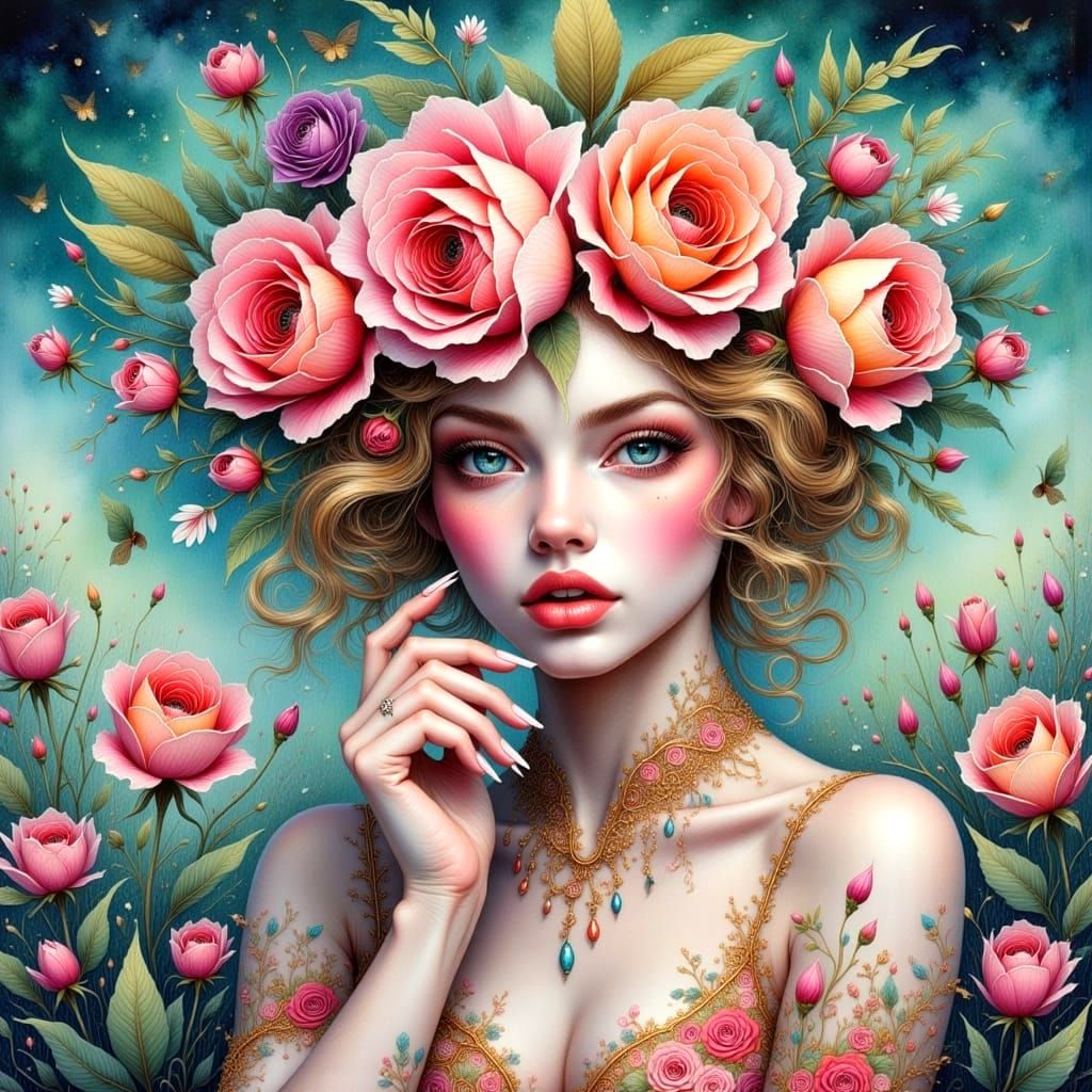 A Gorgeous Woman Made of Roses in a Dreamy, Impressionist La...
