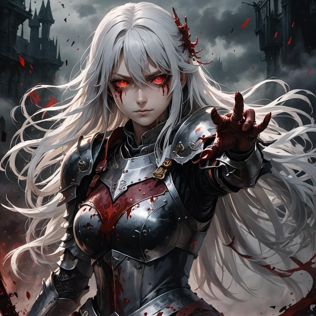 Anime Knight Portrait in Blood Mist, 3D Art