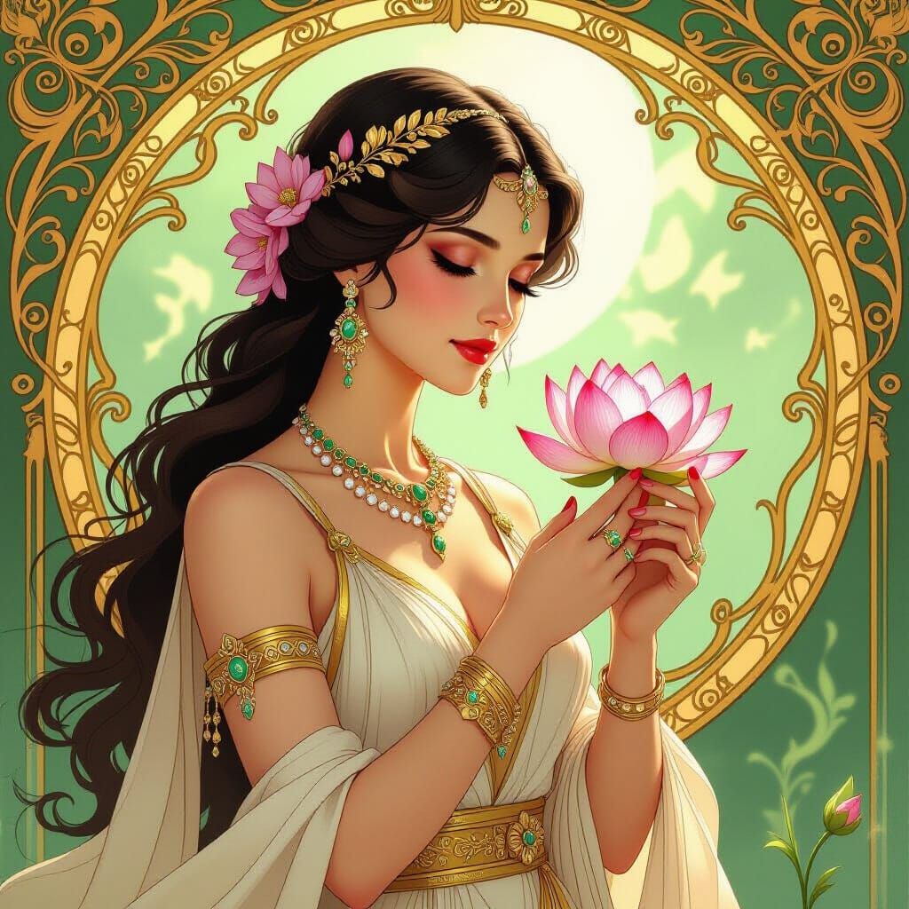 Greek Goddess with Lotus Flower in Art Nouveau Style