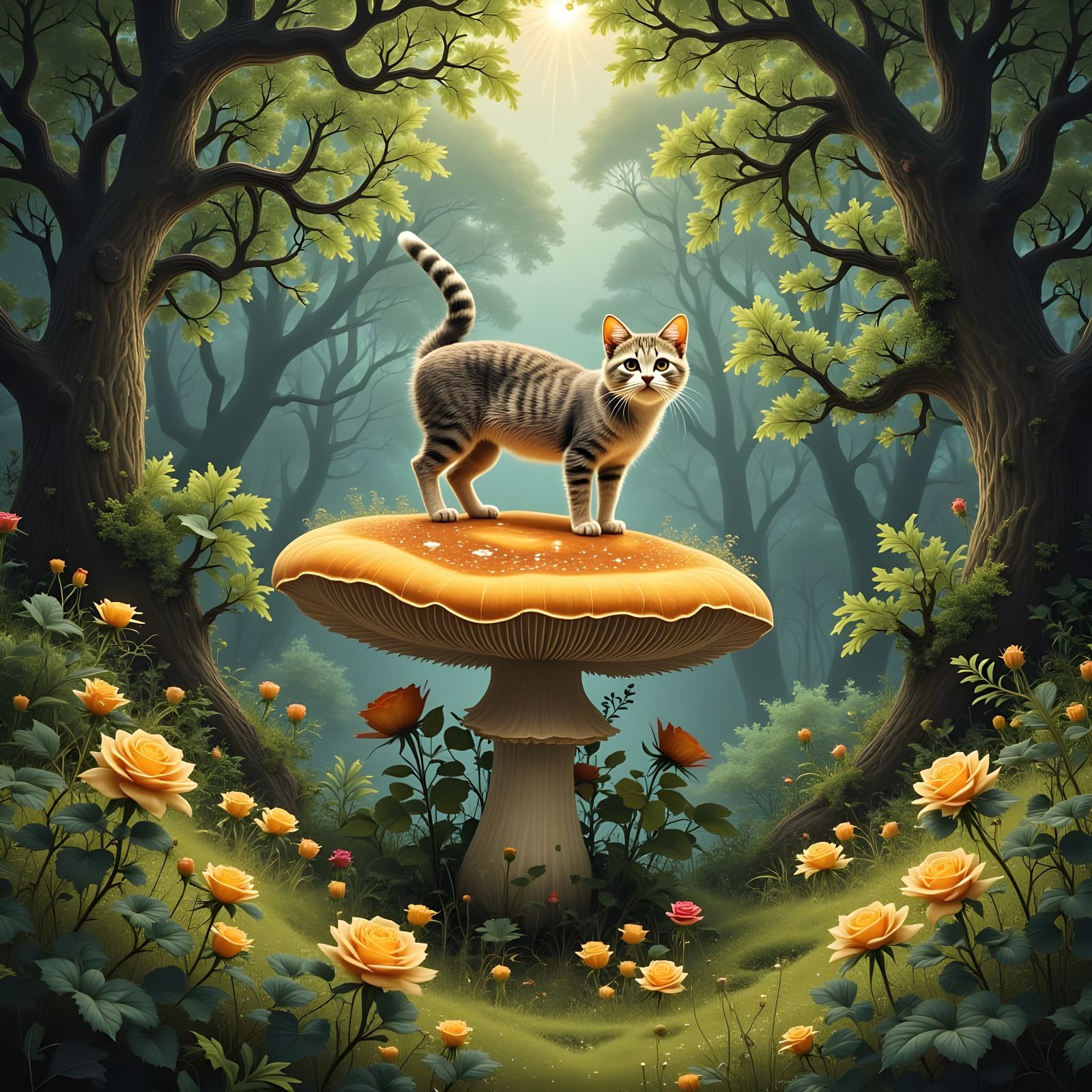 Adorable Tabby Cat on Giant Mushroom in Luminescent Forest