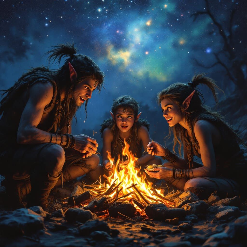 Wood Elf Adventurers Sharing Rations by Campfire