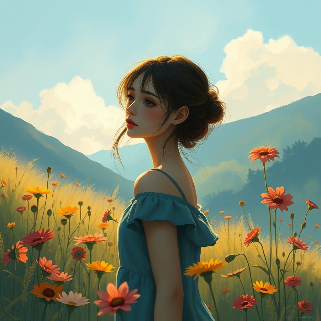 Melancholic Woman in Wildflower Landscape: Anime Style