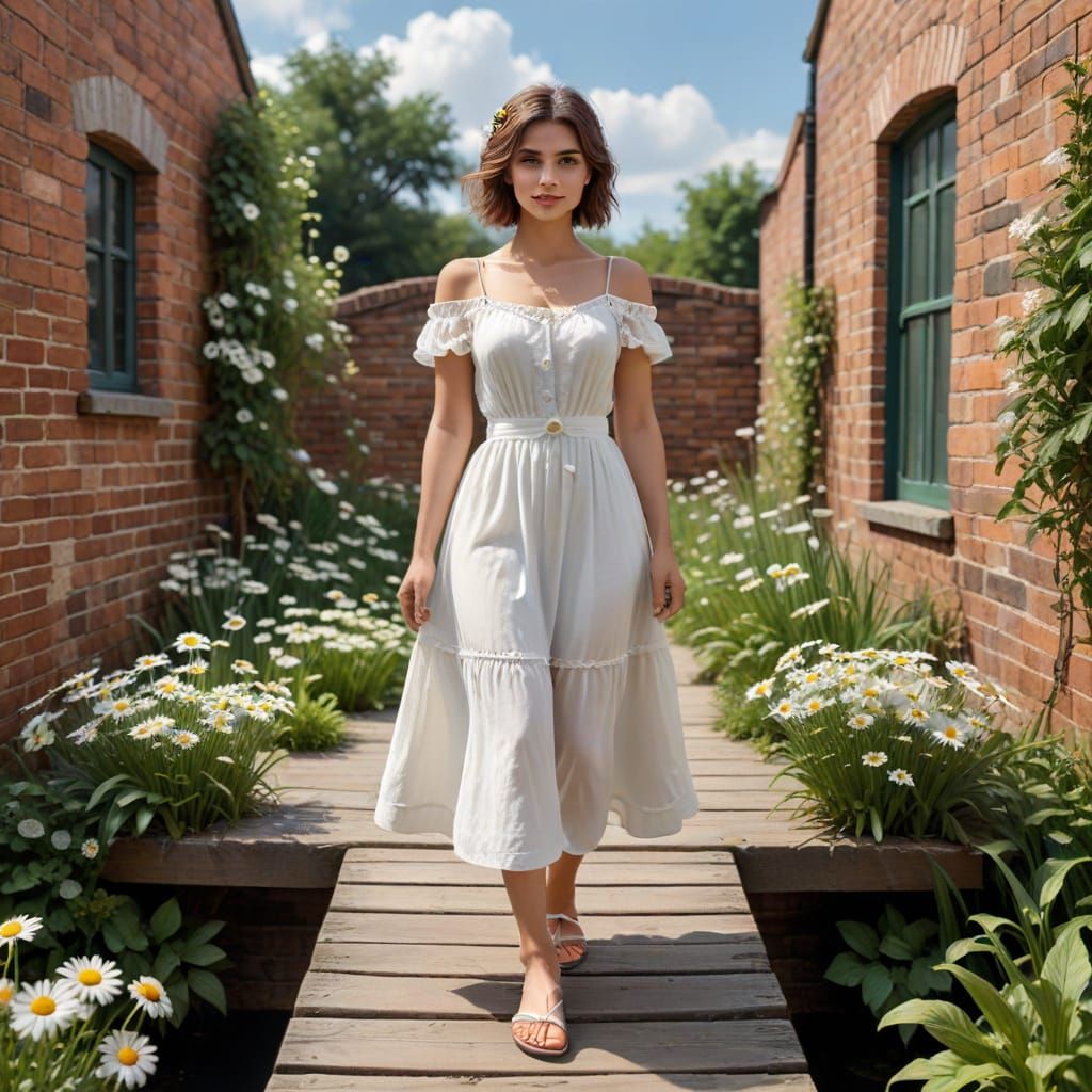 Daisy Flower as Woman on Wooden Bridge