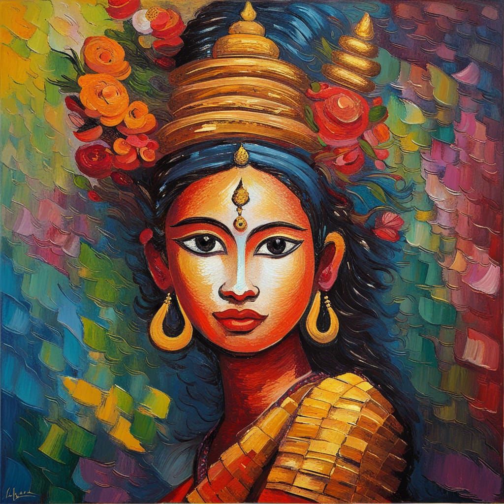 Khmer Apsara in Neo-Impressionist Oil Painting