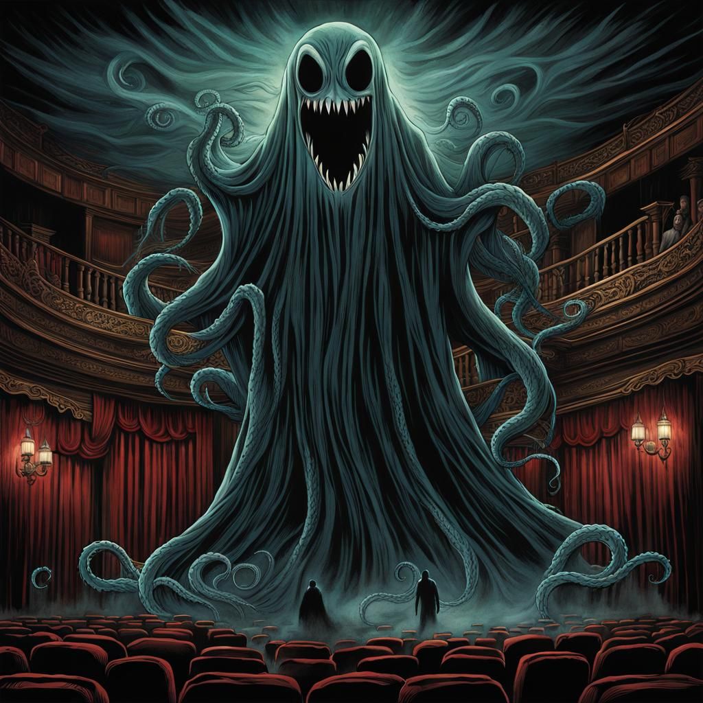a monstrous ghost in  the dimly lit  theater