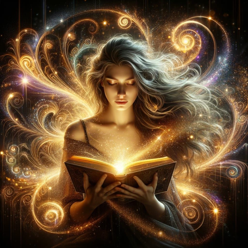 Enchanted Reader Immersed in Golden Magic Light