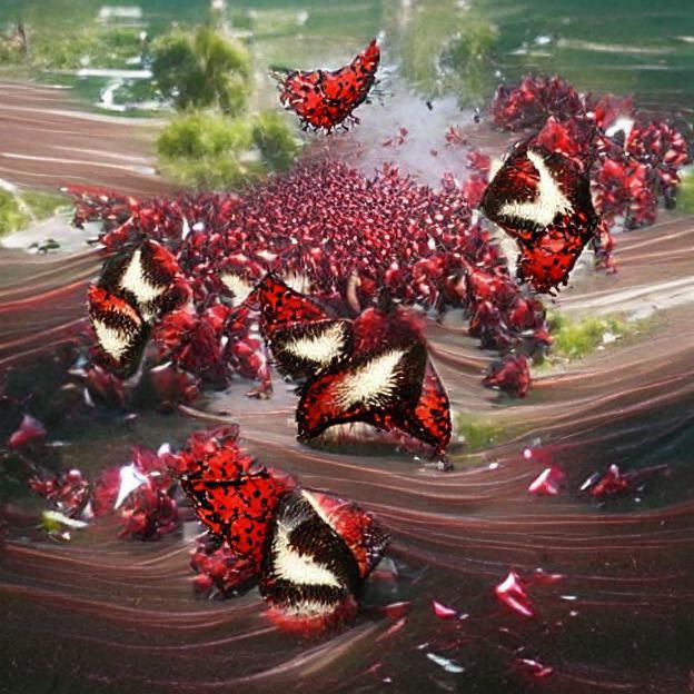 Swarm of Crimson Butterflies Taking Flight