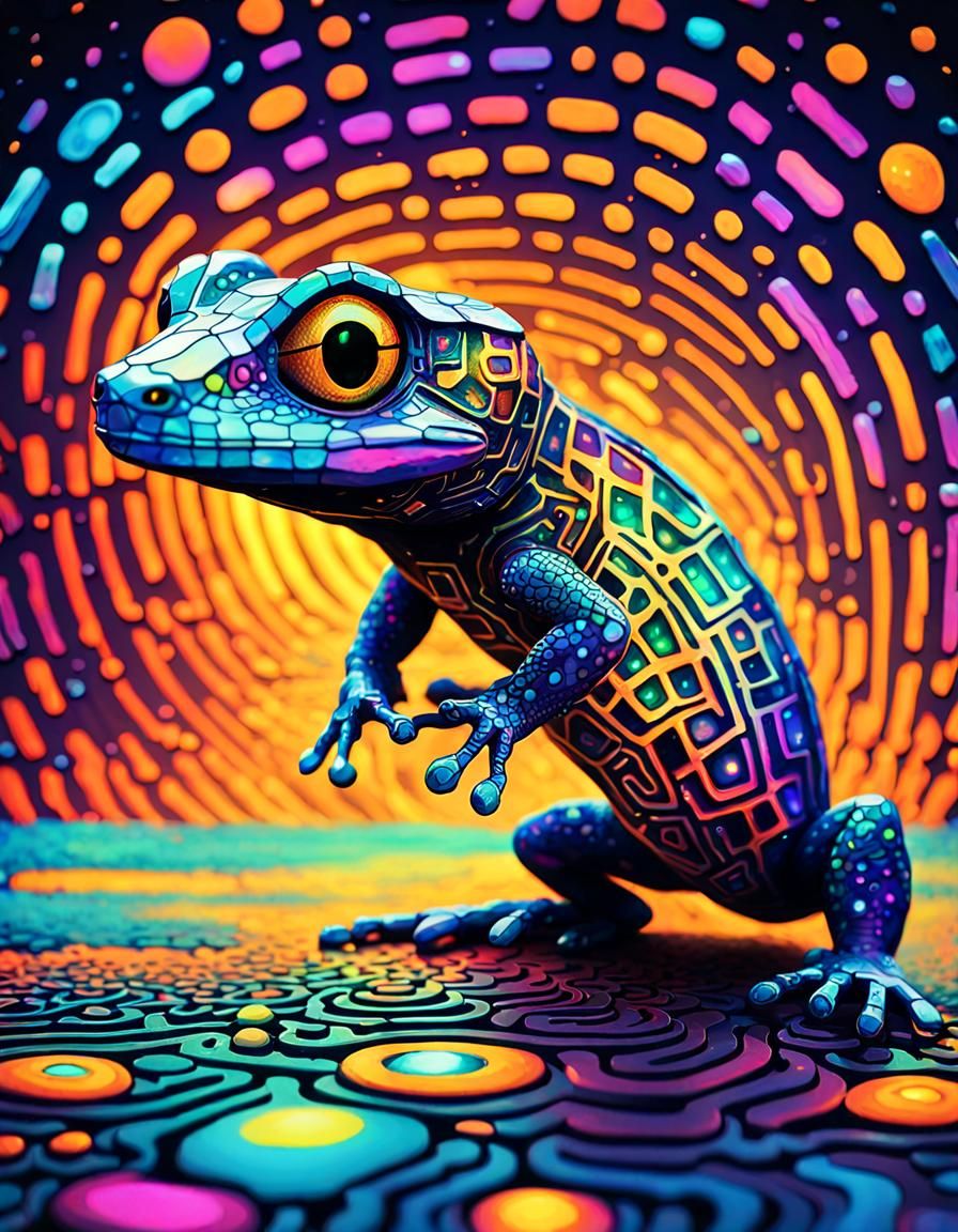 Cybernetic Gecko in Bioluminescent Space, Sci-Fi Art