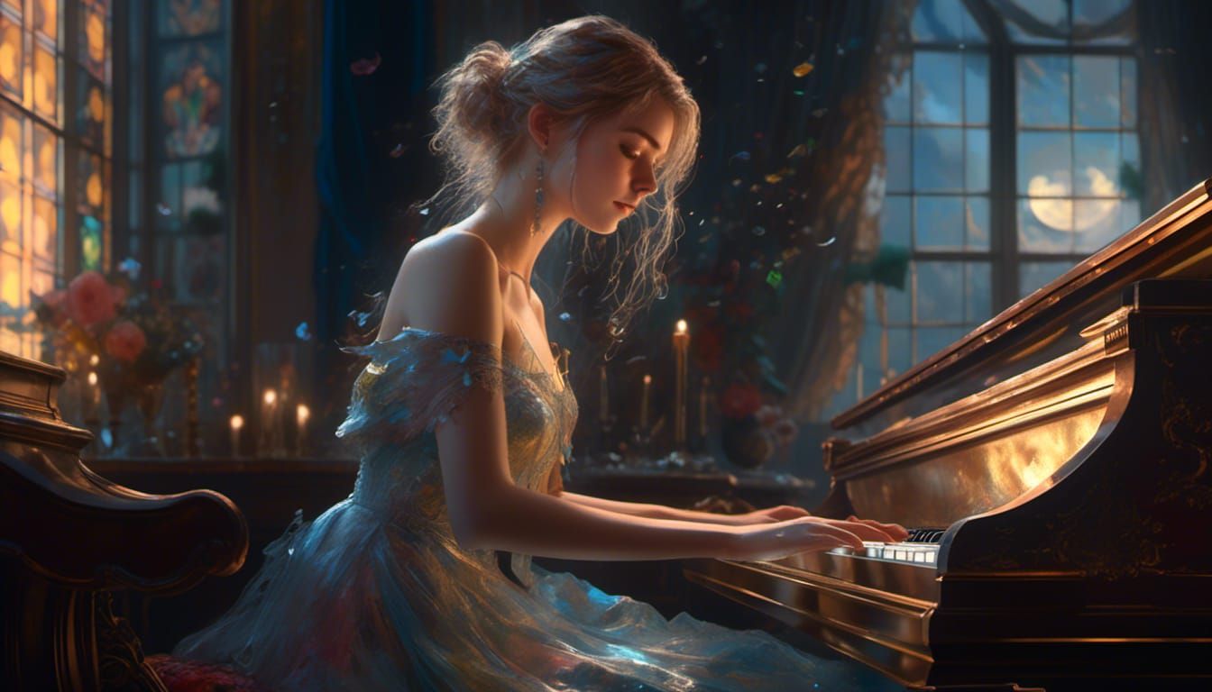 Girl Plays Glass Piano in Moonlight, WLOP Style