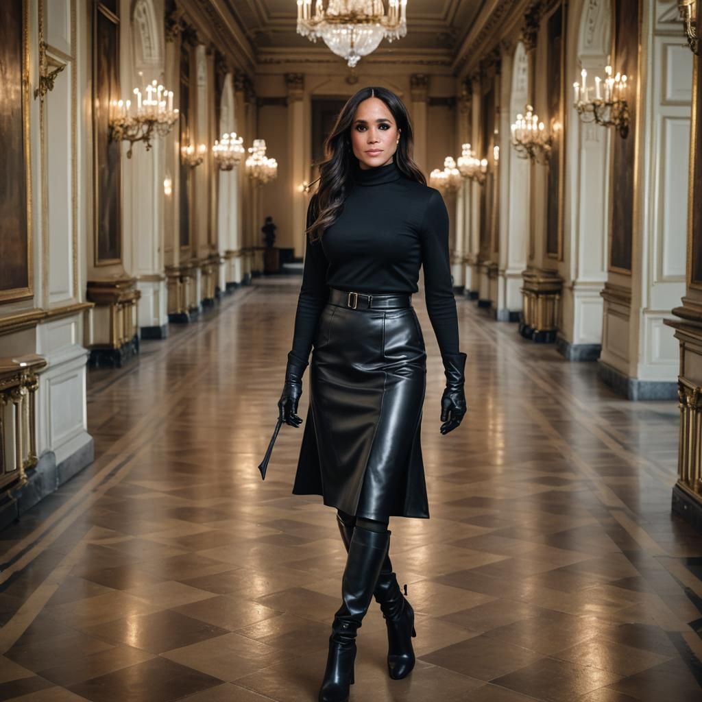 Confident Portrait of Woman in Black Leather at Palace