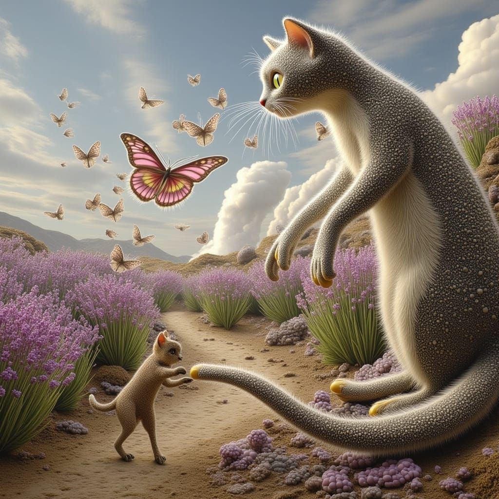 Skinny Tabby Cat Chasing Moths in Catnip Garden