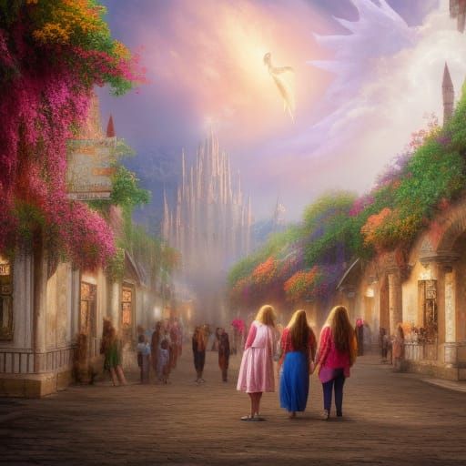 Girls and Angels Visit Outdoor Market in Fantasy Art