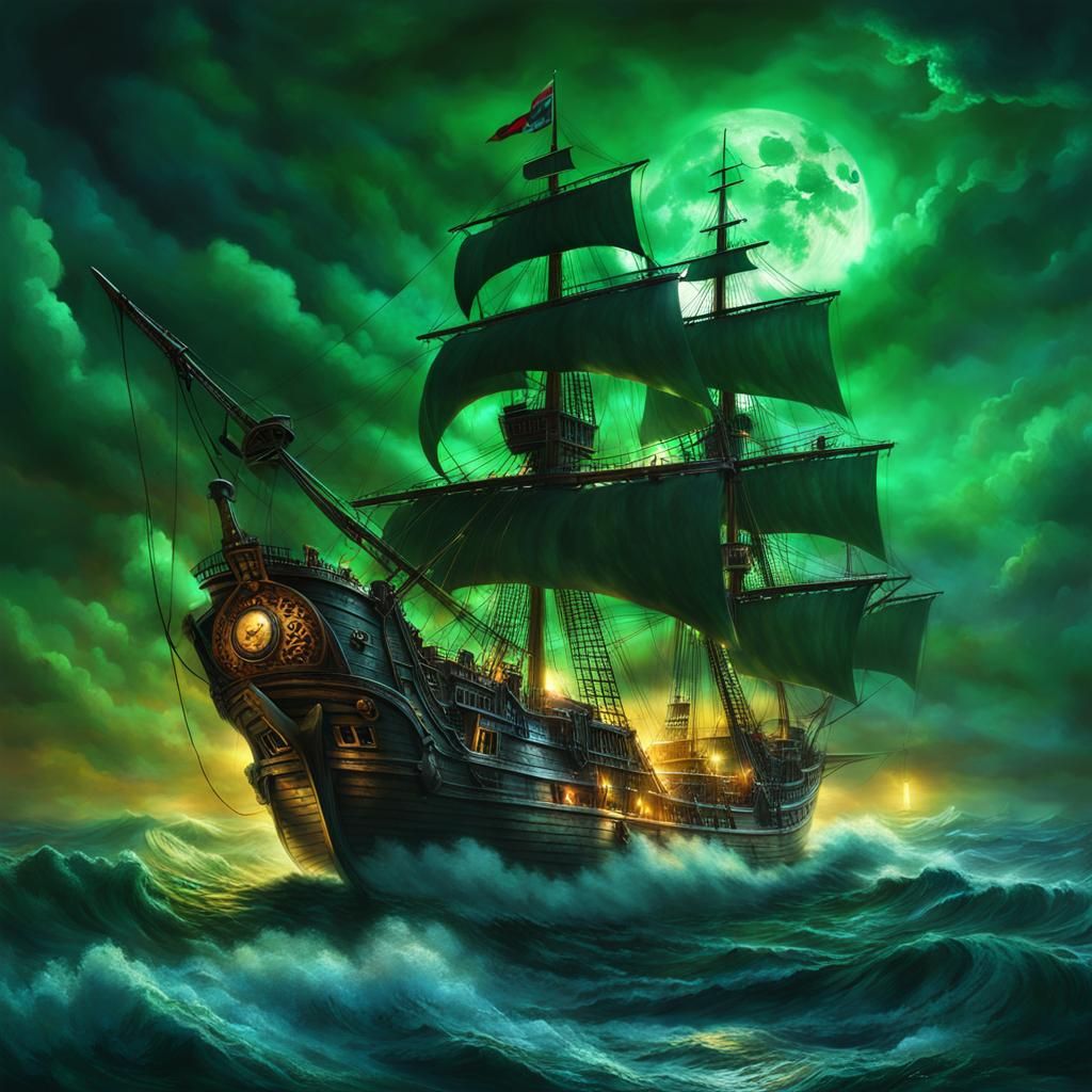 Ethereal Ghost Pirate Ship at Night