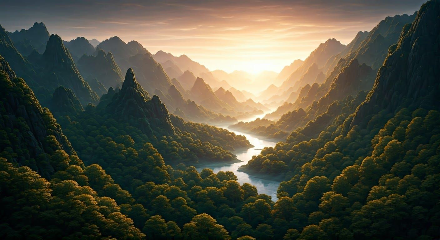 Serene Fantasy Landscape with Mystical Mist and Golden Light...