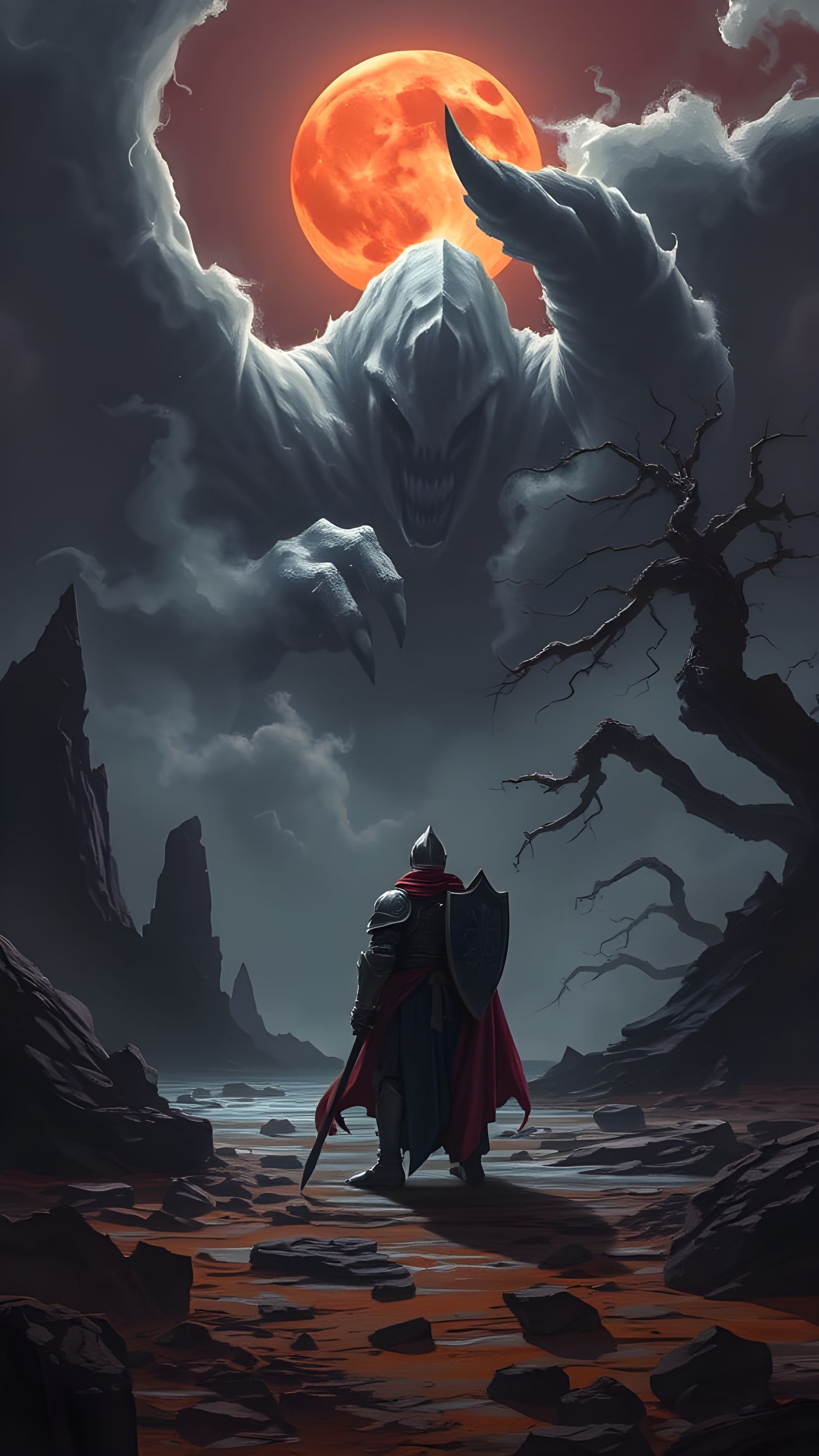 Knight Battles Colossal Mist Beast Under Blood Moon