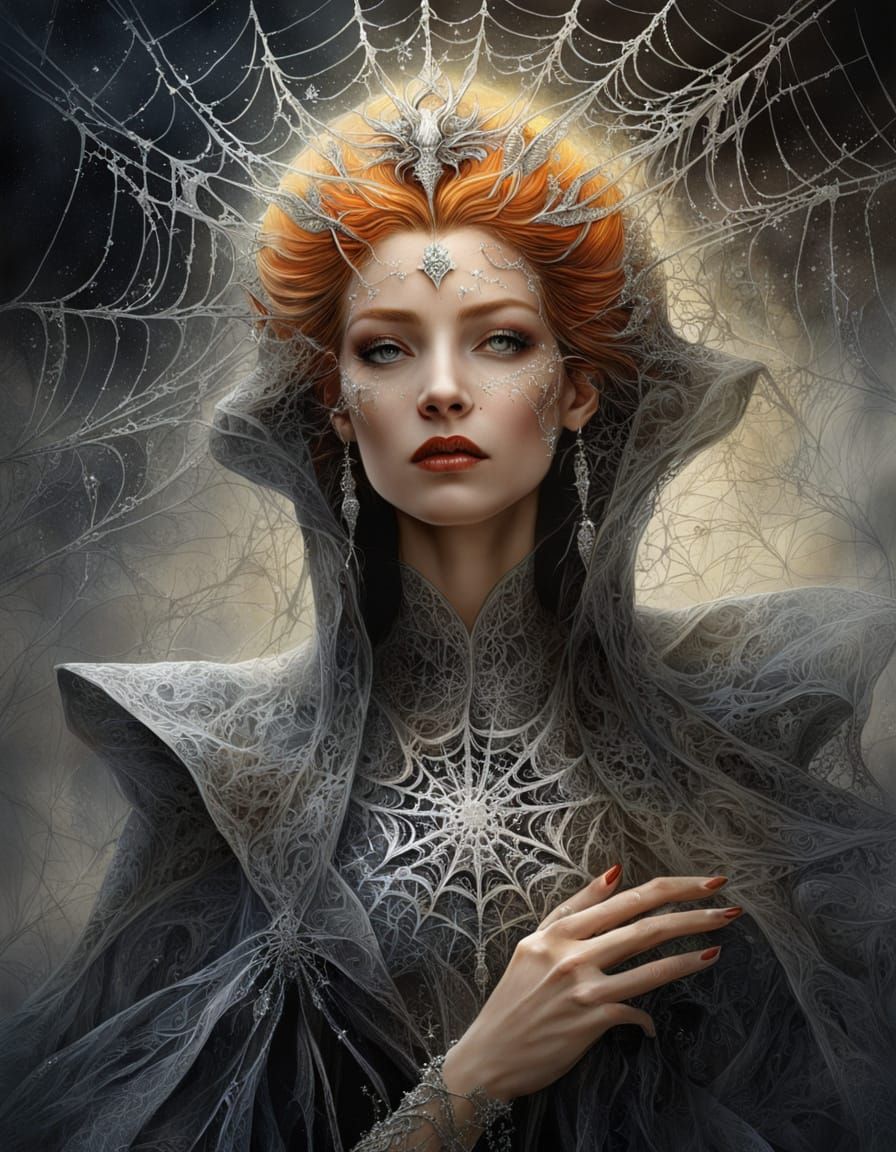 Fantasy Queen Portrait in Sumi-e Style with Silver Accents