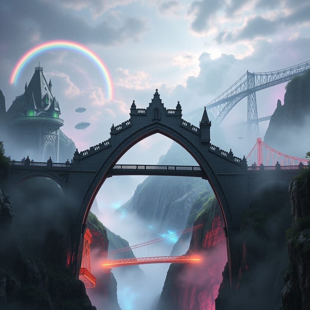 Gothic Stone Bridge in a Dreamlike Landscape