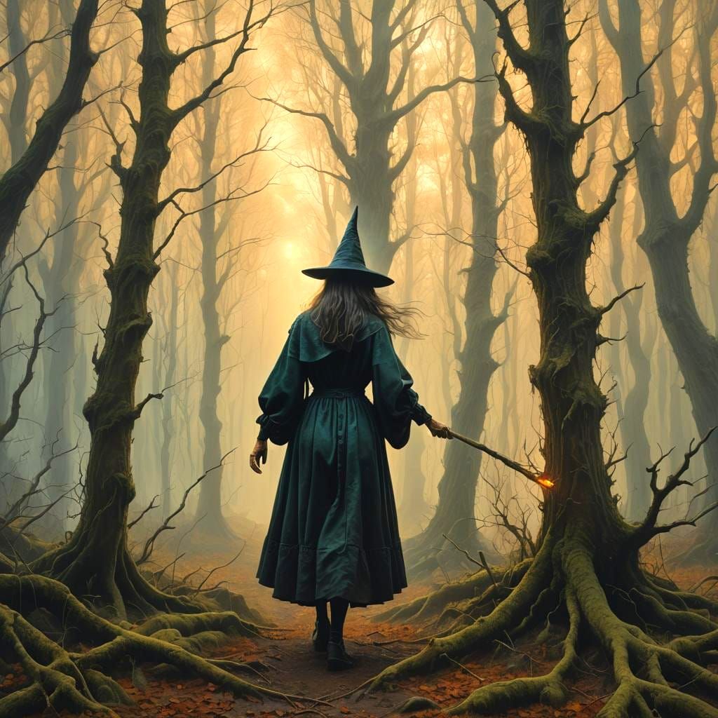 Witch Pulling Person From Forest Painting
