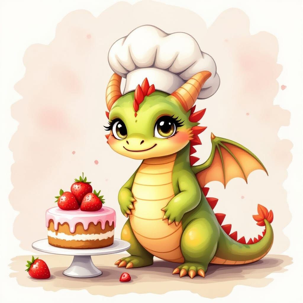 Cute Dragon Chef with Strawberry Cake as Watercolor