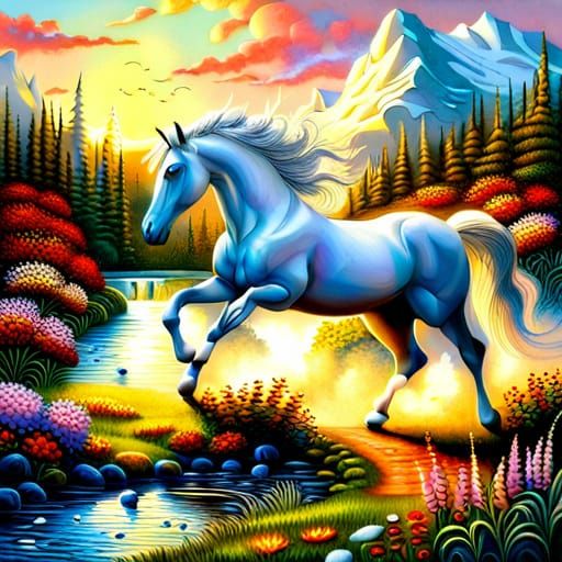 Ethereal White Horse in Hyperdetailed Fantasy Landscape