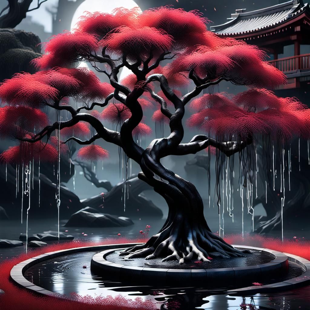 Black Sakura Tree of Life in Japandi Grunge Style