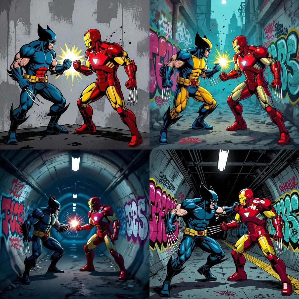 Wolverine and Iron Man in Tim Burton Horror Comic Style