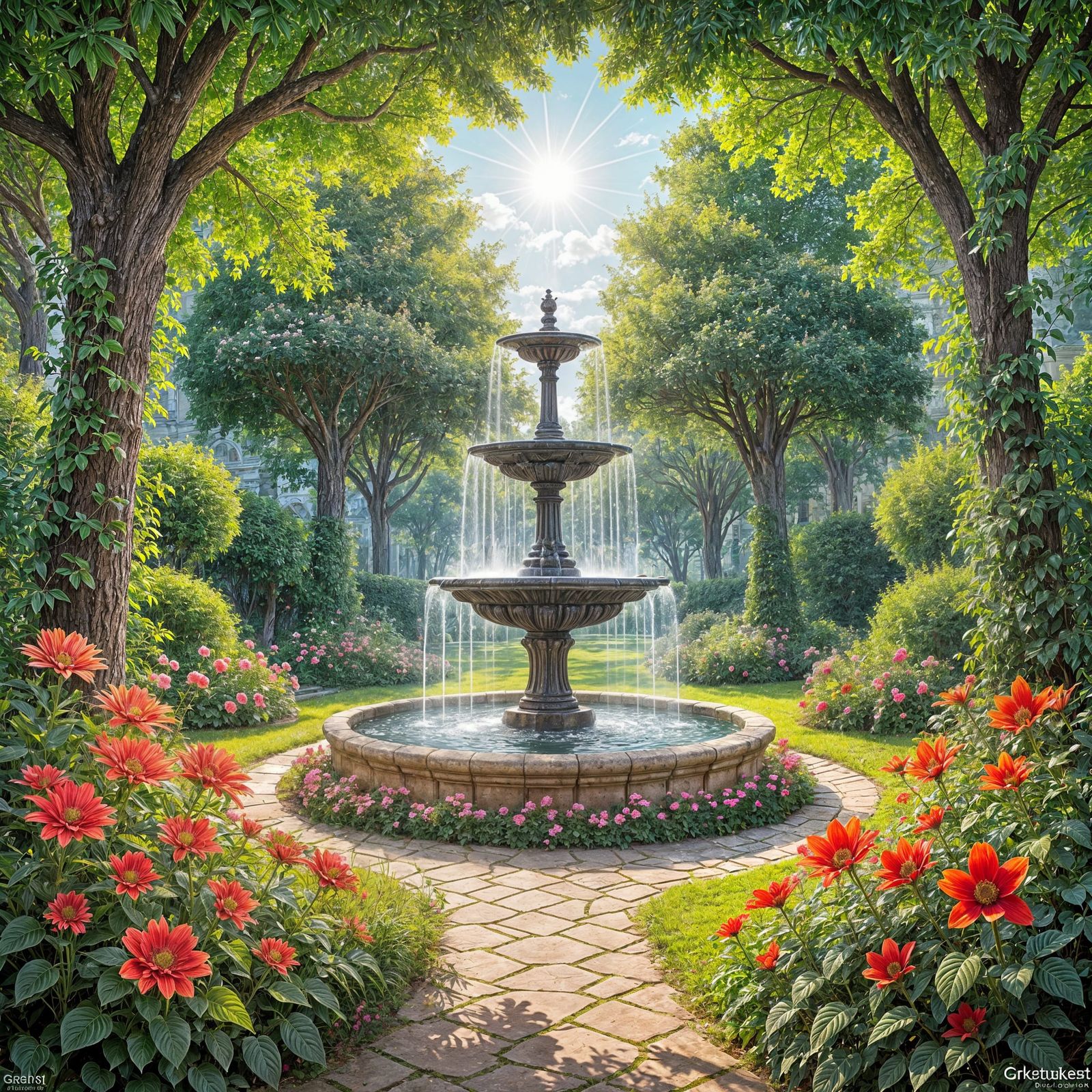 Victorian Secret Garden With Fountain And Blooms