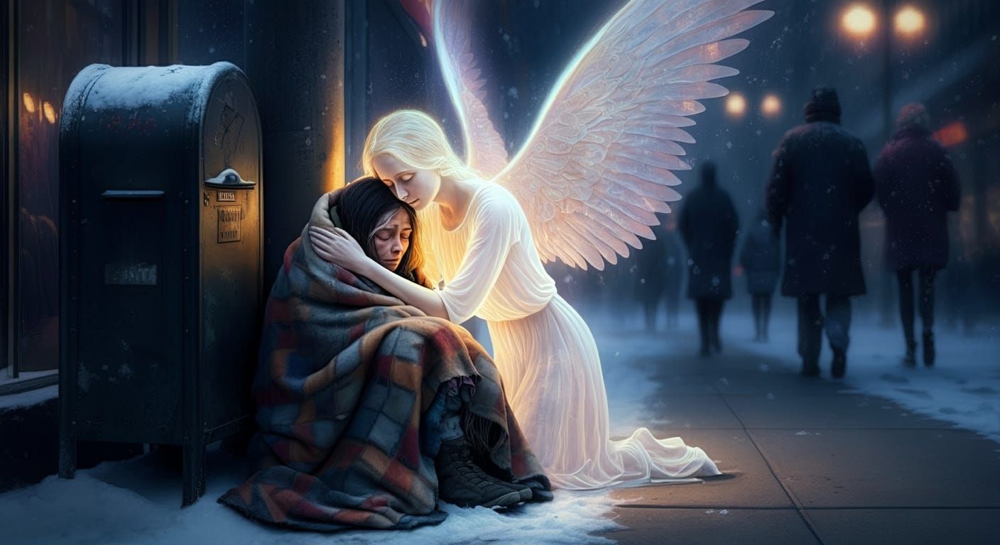 Homeless Woman Comforted by Angel on Snowy Sidewalk
