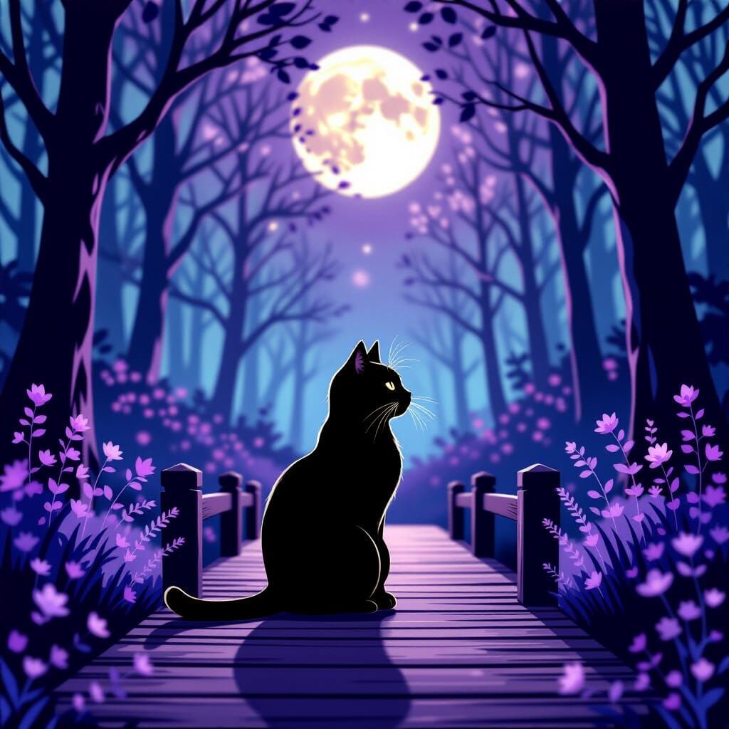 Magical Black Cat in Purple Forest at Night