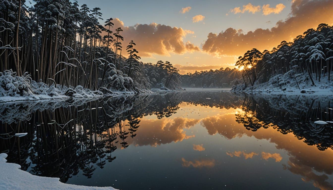 Mystical Fox in Frozen Winter Lake at Sunrise