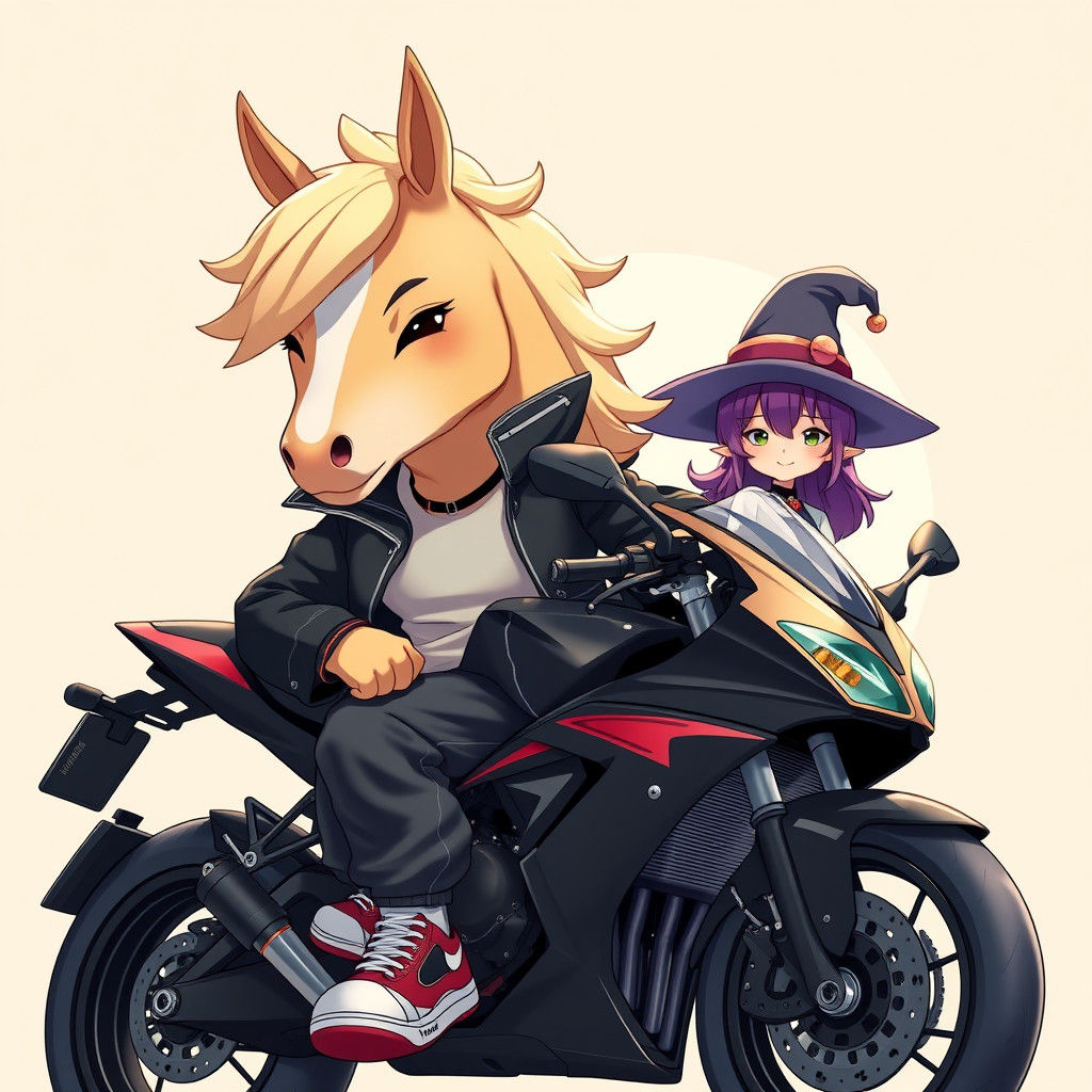 Anime Pou Man Half-Horse on Motorcycle