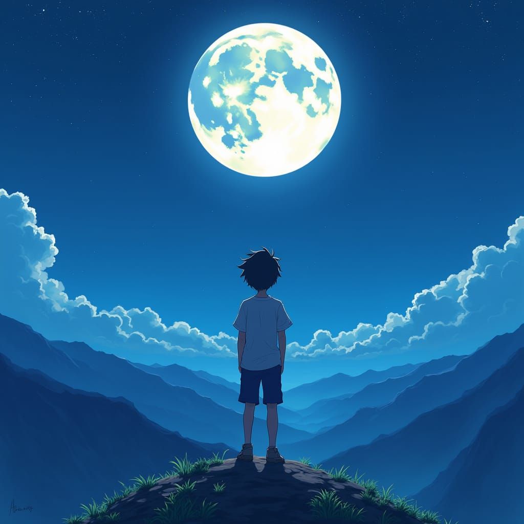 Boy Gazing at Moon in Anime Style