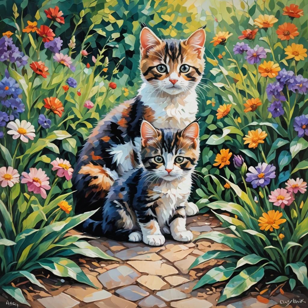 Kittens in Garden: Neo-Impressionist Oil Painting
