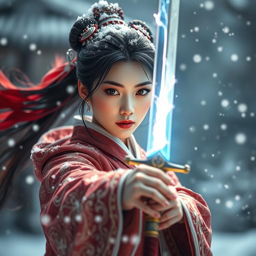 Beautiful Woman with Glowing Sword in Chinese Style