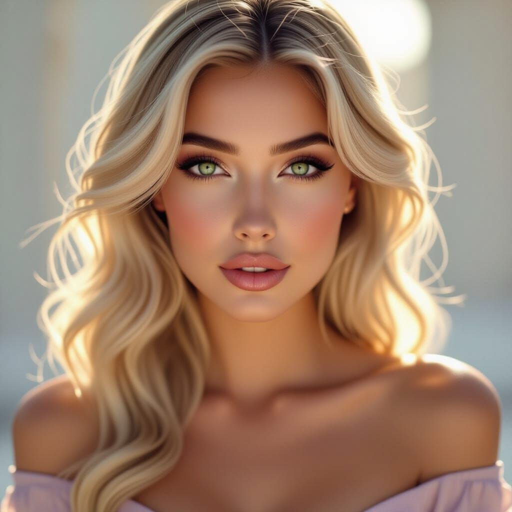 Surreal Blonde Woman with Purple Skin and Green Eyes