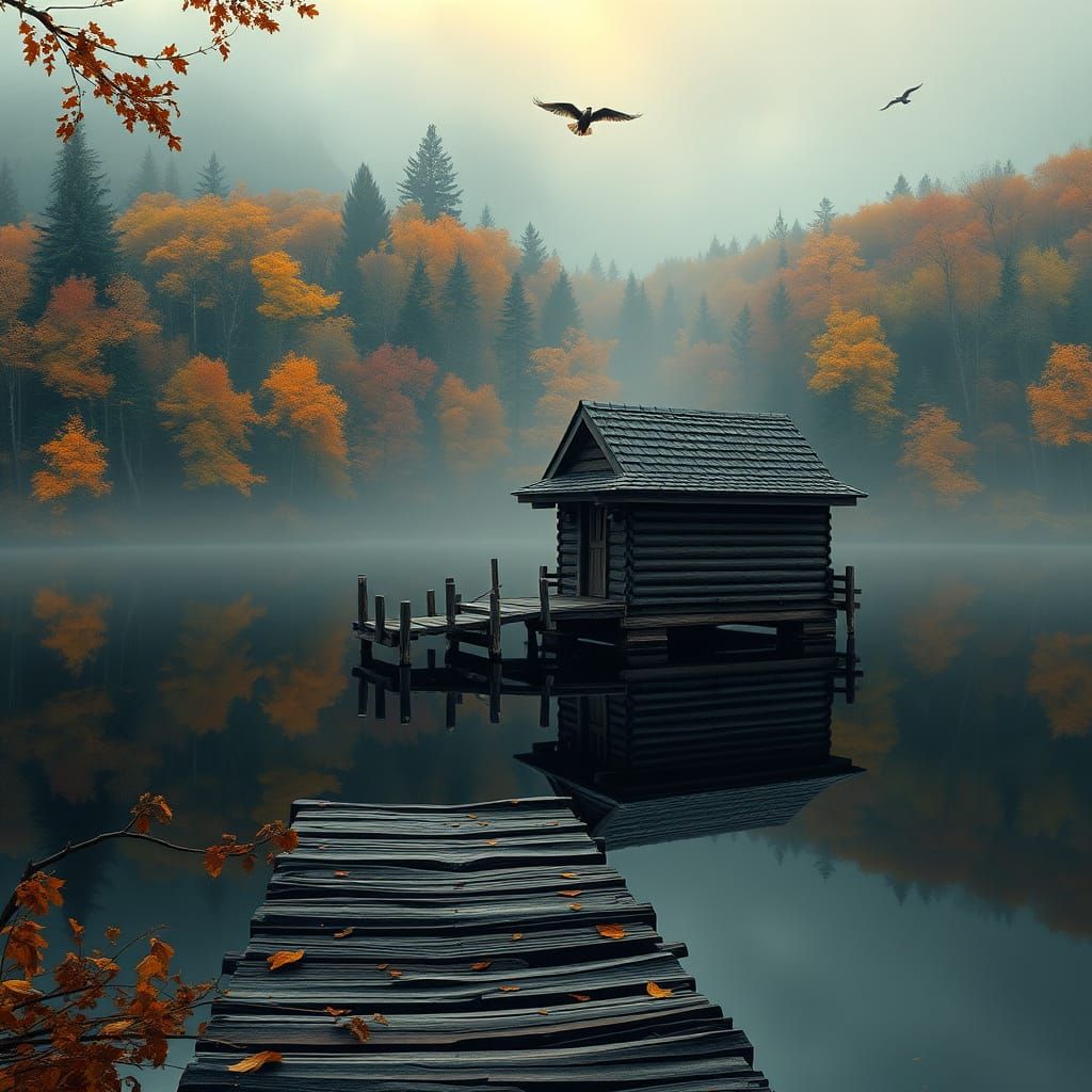 Rustic Boathouse on Lake at Dawn, Romanticism Style