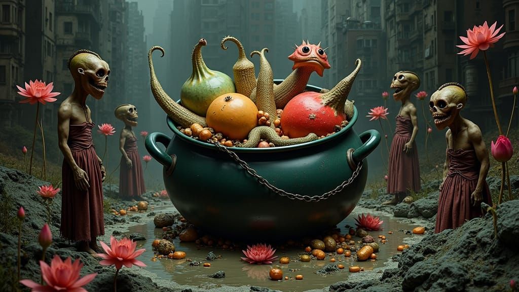 Dystopian Feast in Cyberpunk Cityscape