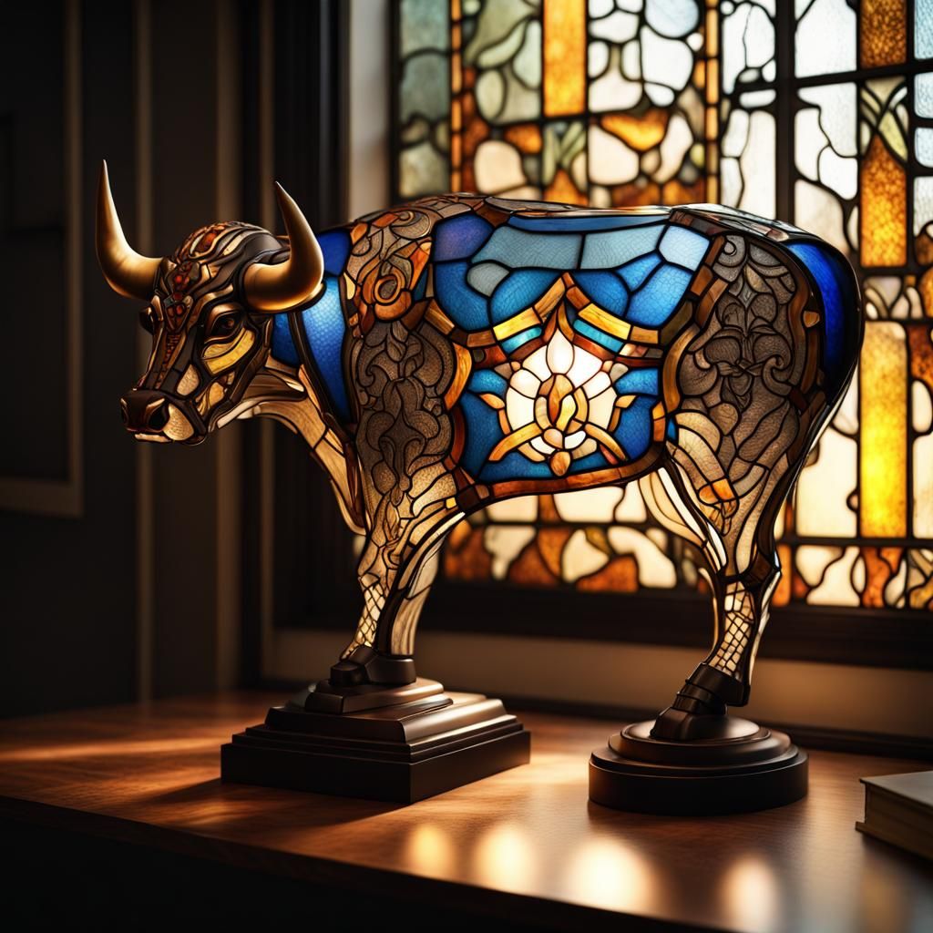 Stained Glass Bull Lamp with Intricate Motifs