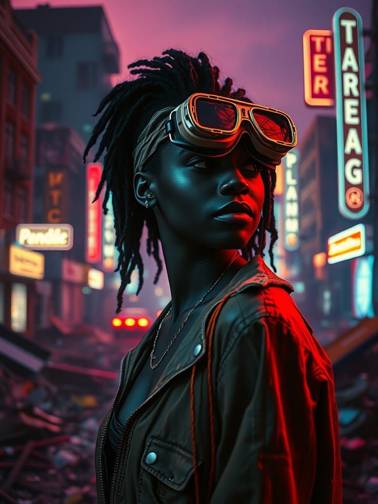 Afrofuturistic Woman in Dystopian Cityscape