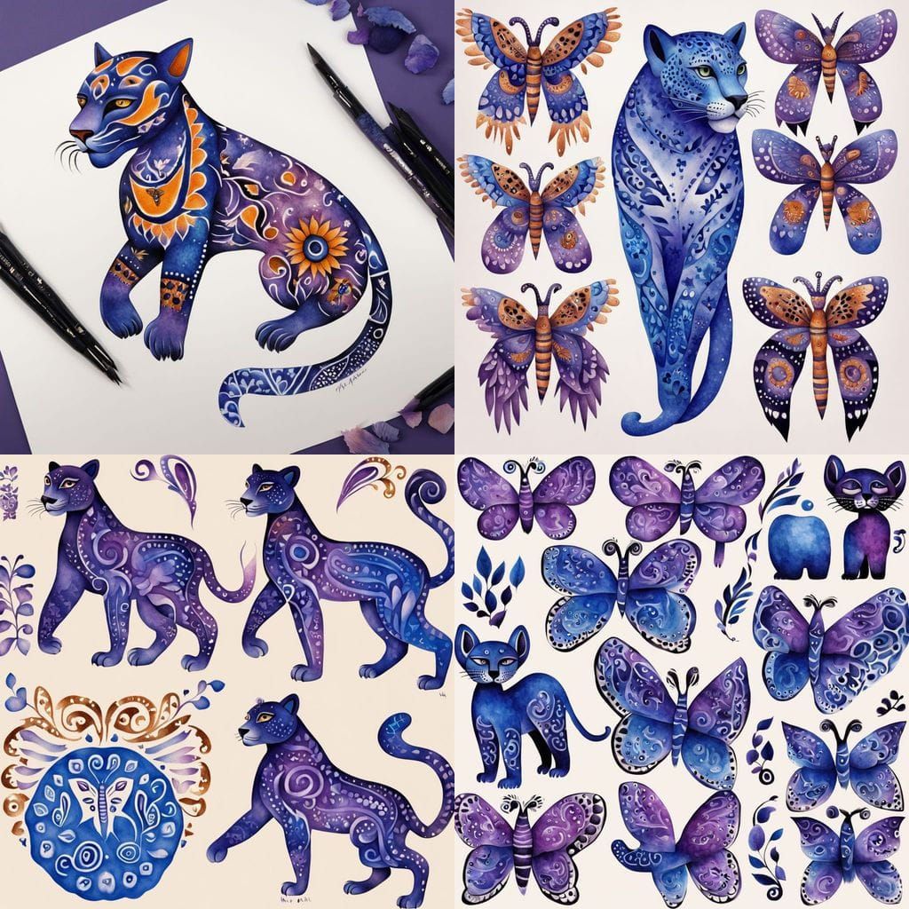 Whimsical Jaguar Alebrije Tattoo Flash Sheet in Aquarelle