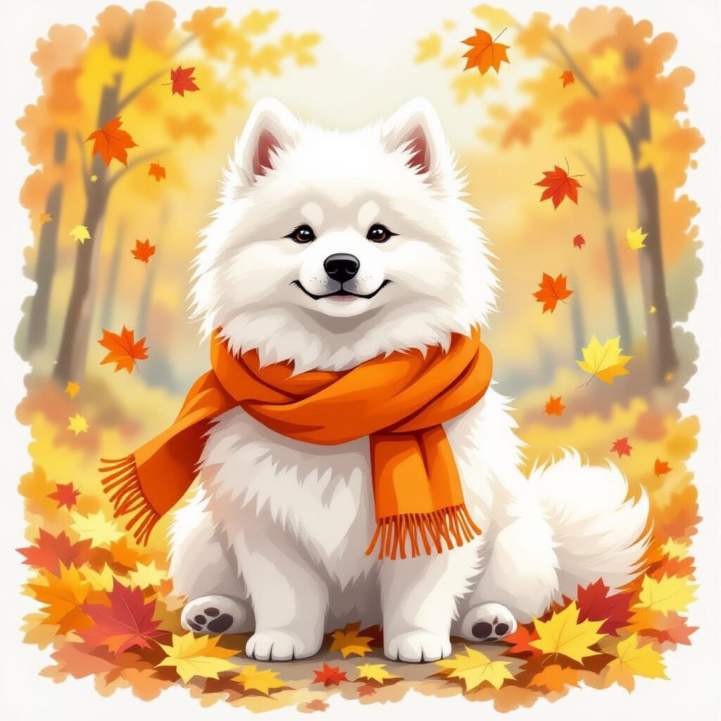 Samoyed Dog in Autumn Leaves, Watercolor Style