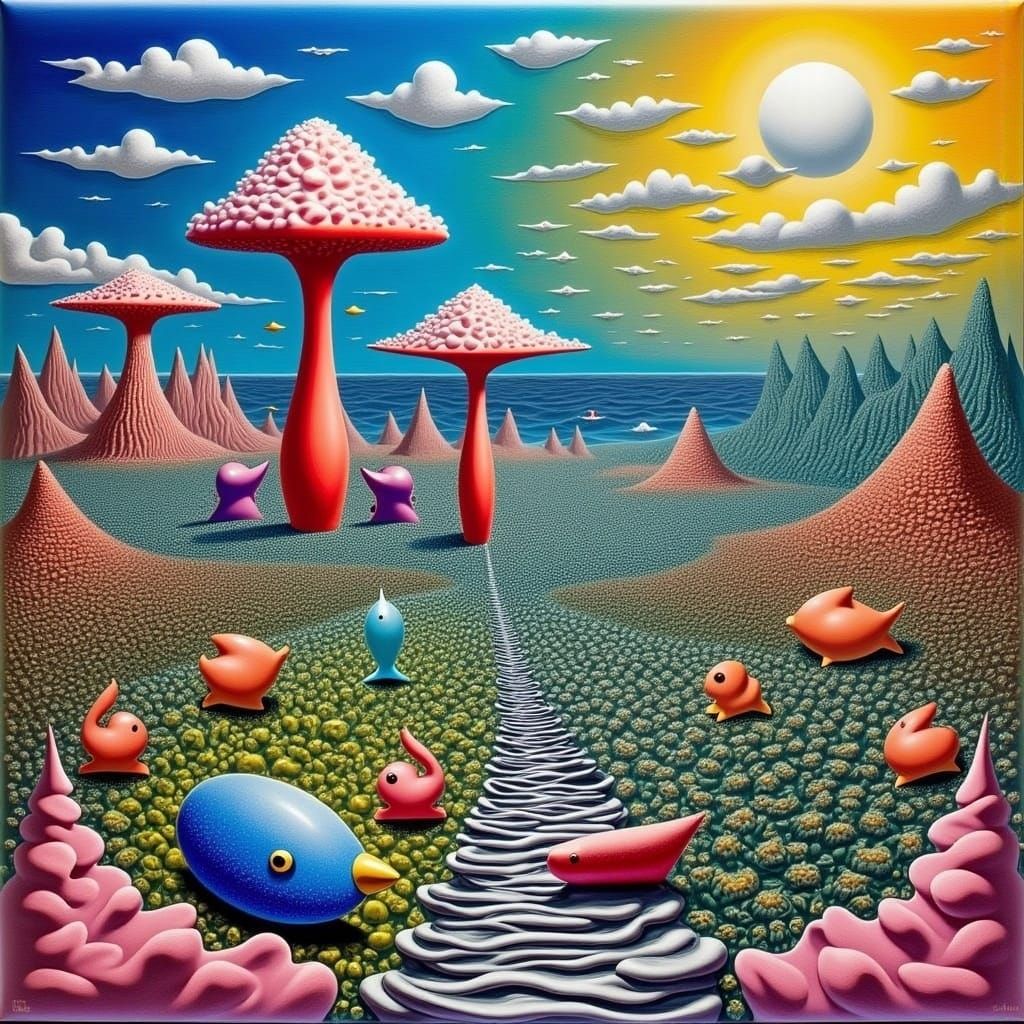 Vibrant Gouache Swirls on a Black Beach in a Whimsical Candy...