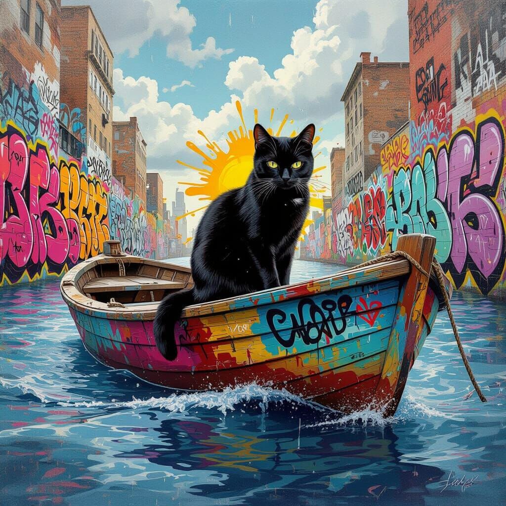 Black Cat Aboard Graffiti Boat on Vibrant Ocean