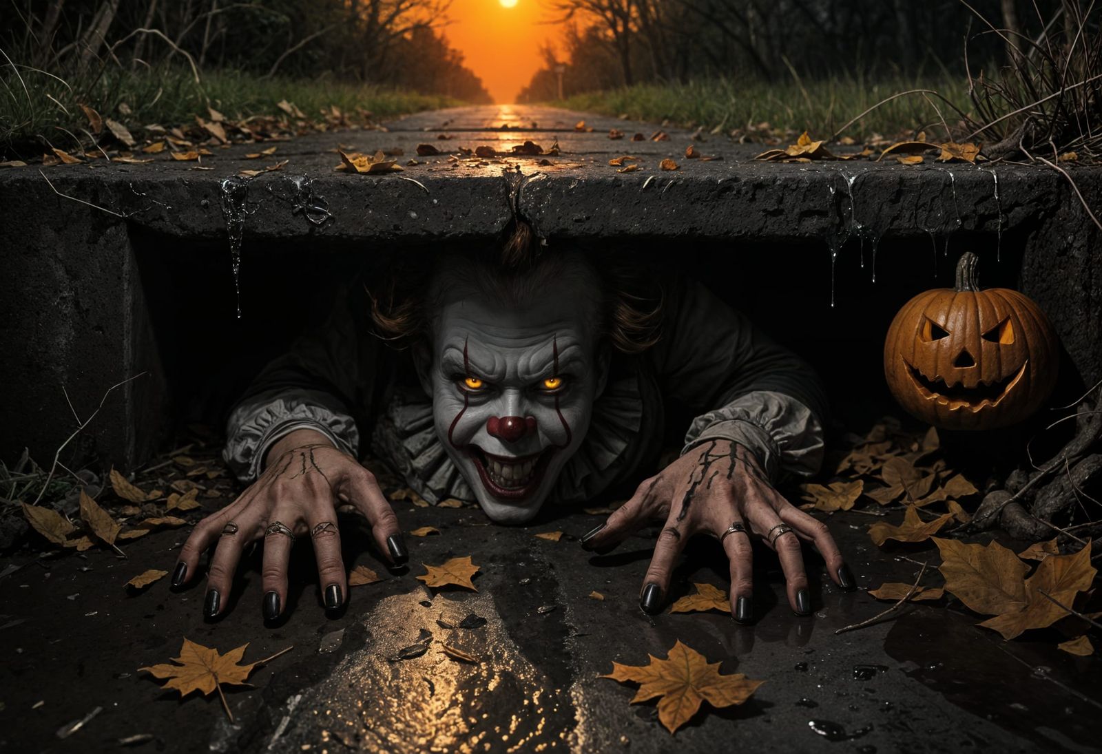 Pennywise The Clown Emerges From A Storm Drain At Sunset