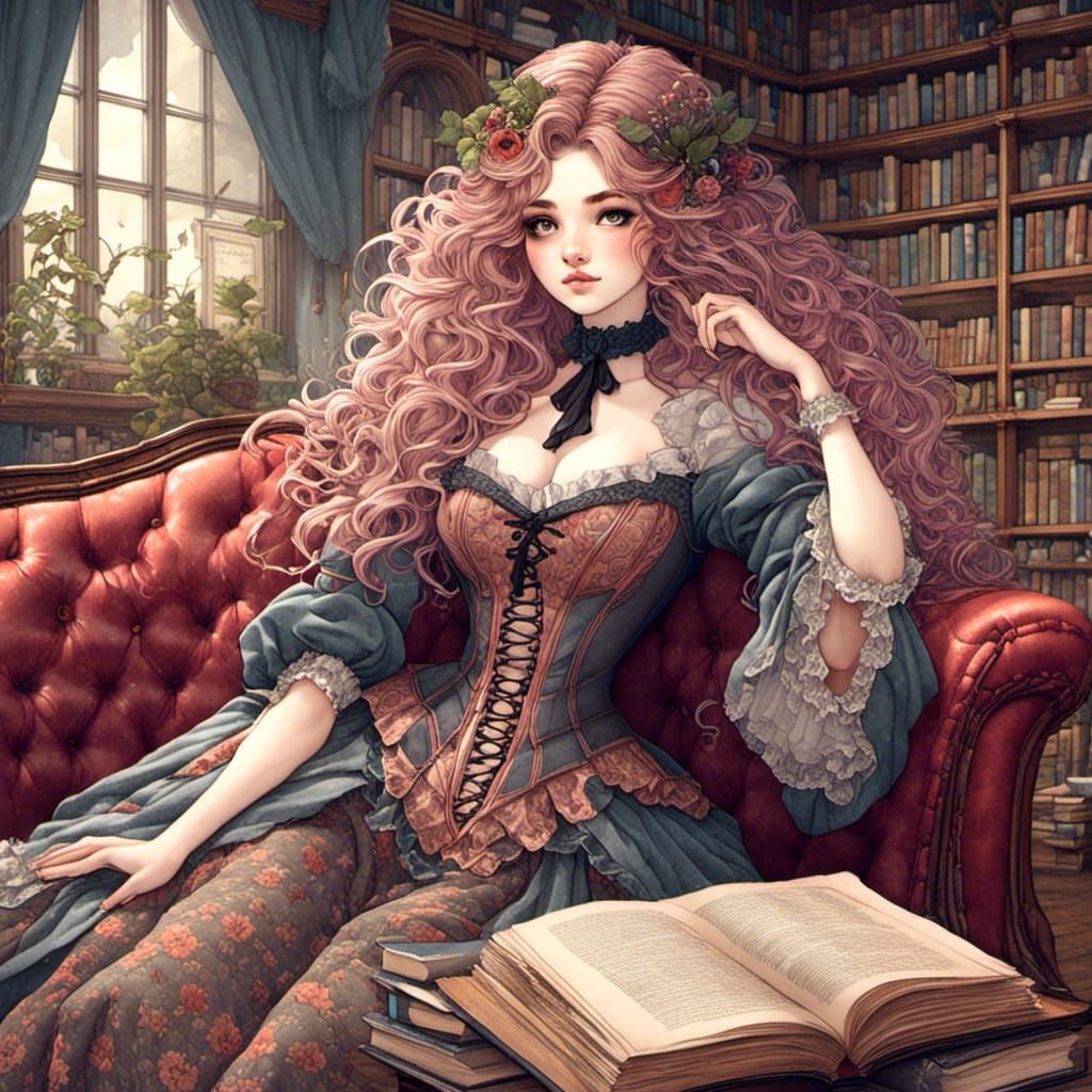 Victorian Woman Lounging in Library, Animated Style
